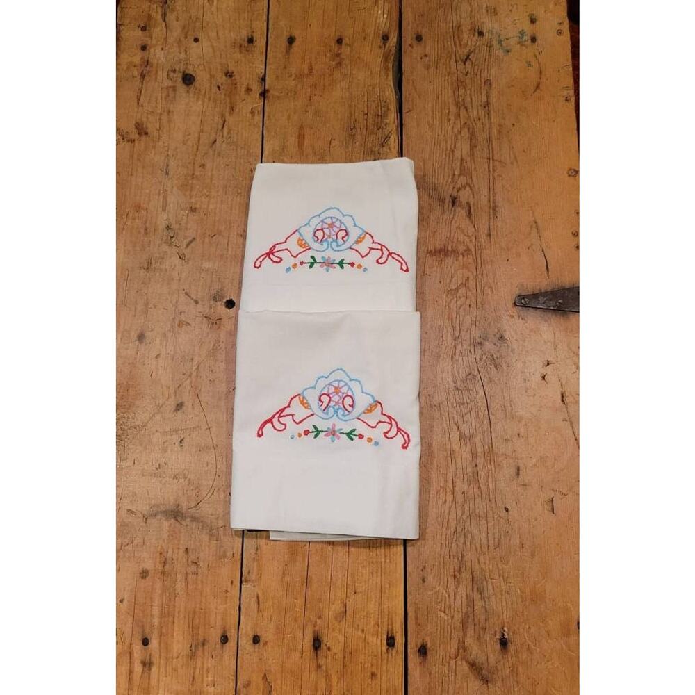 Vintage Pillowcases, Embroidered Set, Folk Art Design